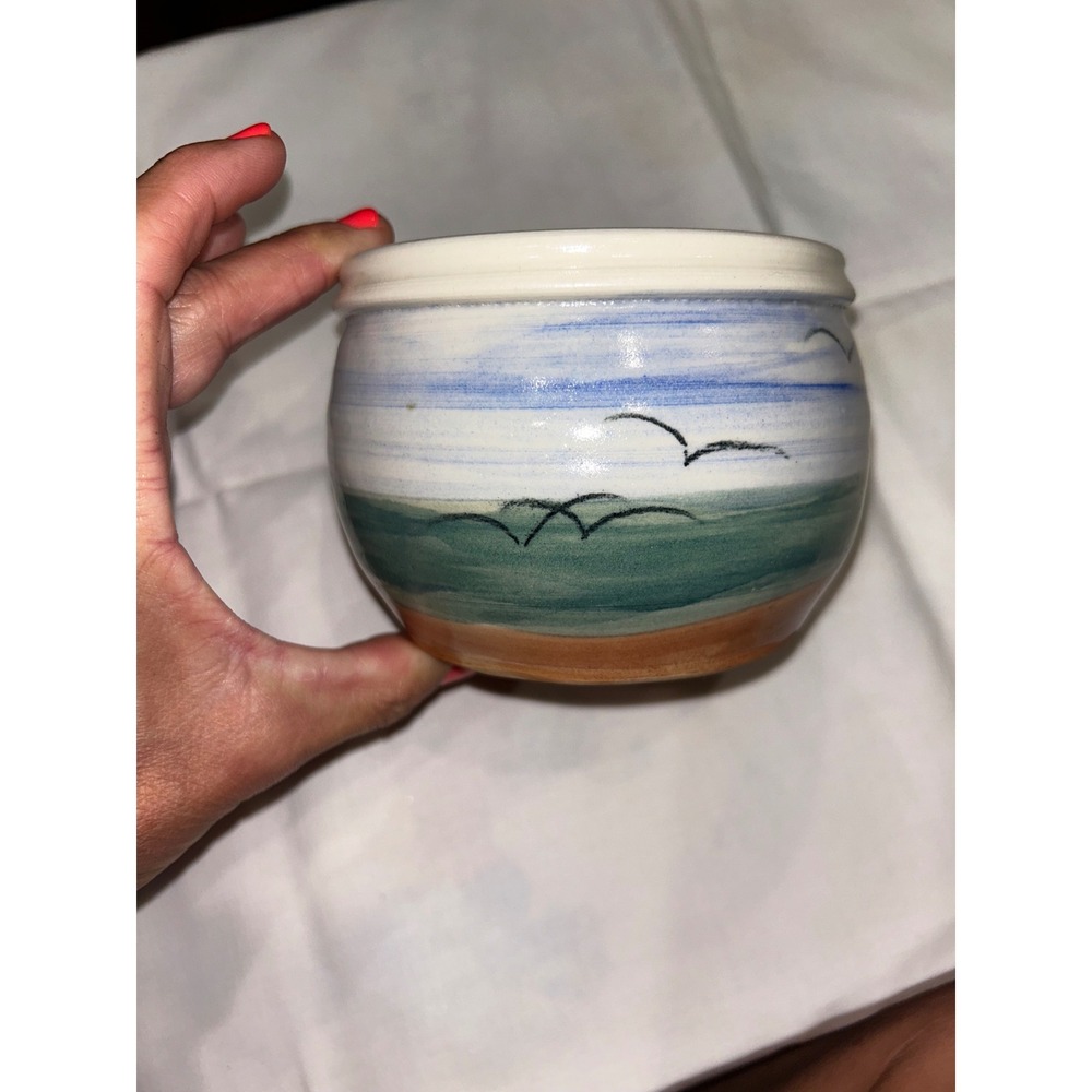 Signed Studio Pottery Coastal Beach Scene Ceramic Bowl Hand Painted Landscape - Picture 5 of 8